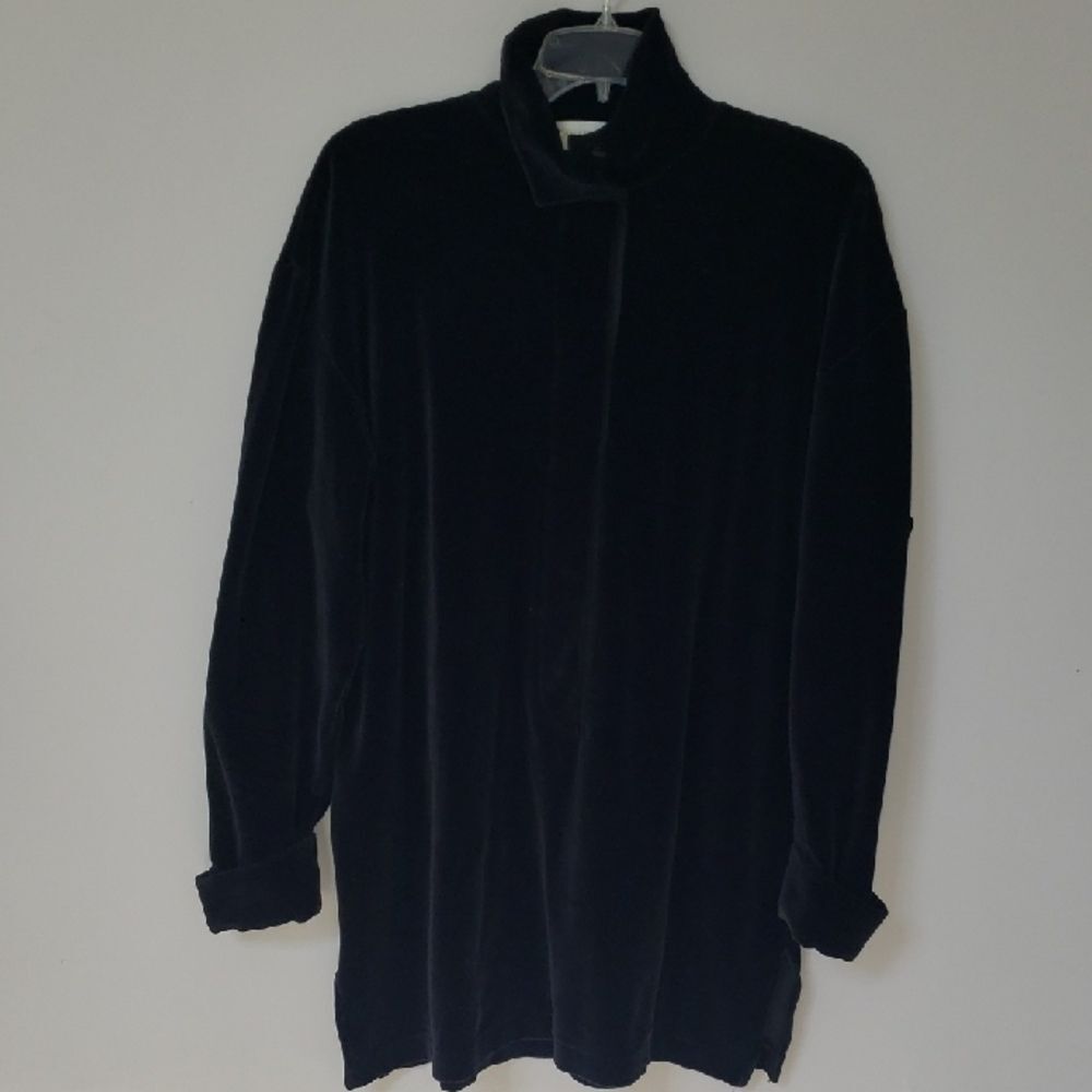 Dana Buchman Top Womens L Oversized Velour Tunic Satin Button Mock Neck Holiday
